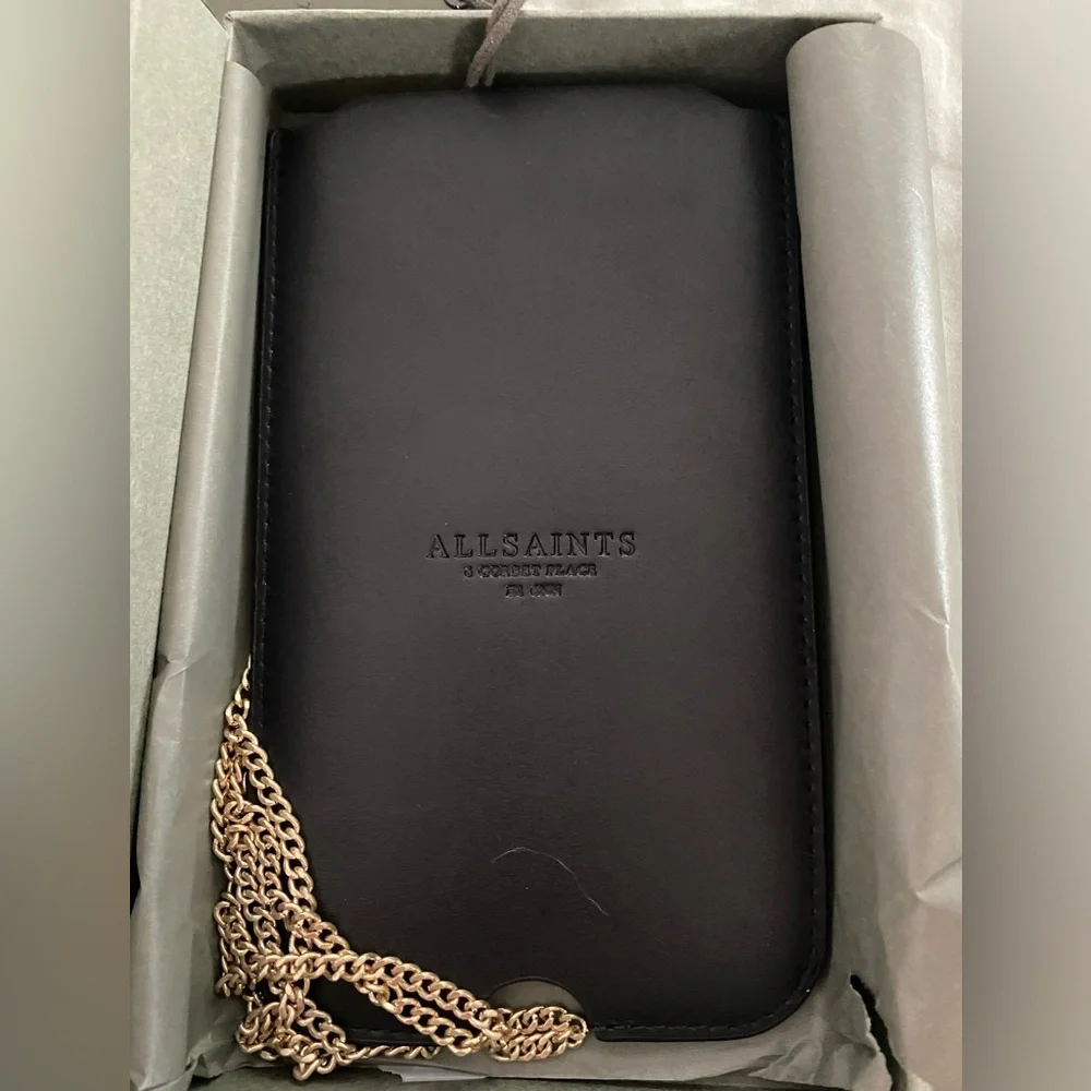 All Saints Black Leather Crossbody Phone Pouch with Gold Chain